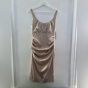 Suzy Chin For Maggie Boutique NWT Satin Sheath Champagne Bodycon Ruffle Dress 10